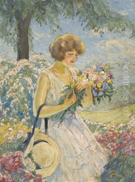 Junge Frau Mit Blumenstrauss In Einem Park Oil Painting by Leopold Illencz