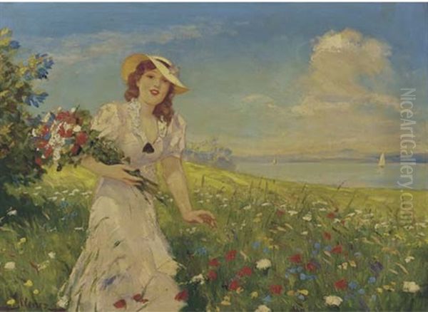 Picking Flowers At The Lake Oil Painting by Leopold Illencz