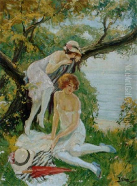 Sommerliche Partie An Einem See Oil Painting by Leopold Illencz