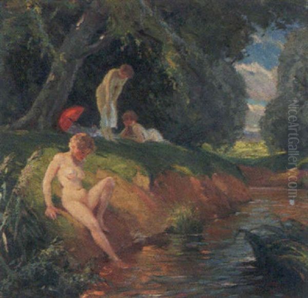 Nude Bathers At The River Oil Painting by Leopold Illencz