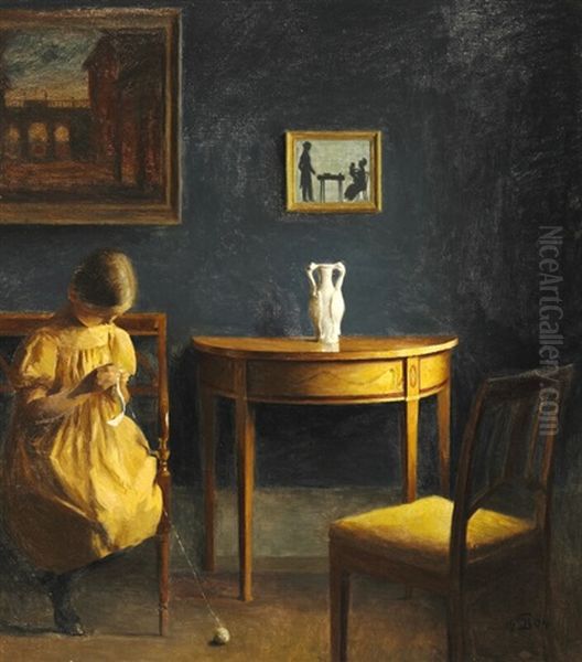 Interior From Ilsted's Home With His Daughter Knitting Oil Painting by Peter Vilhelm Ilsted