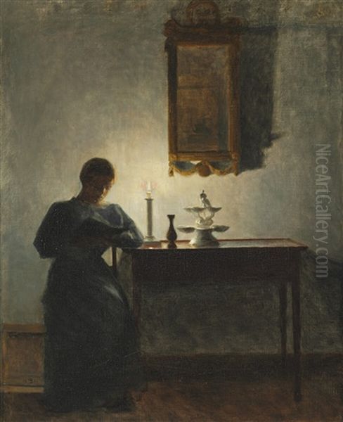 Interior With A Young Woman Reading By The Candlelight Oil Painting by Peter Vilhelm Ilsted