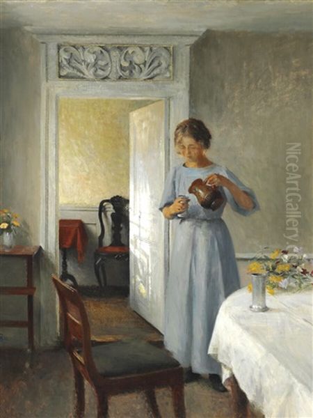 Young Girl In A Light Blue Dress Arranges Flowers Oil Painting by Peter Vilhelm Ilsted