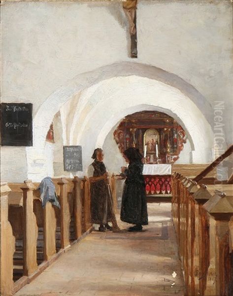 Church Interior With Two Women In Conversation Oil Painting by Peter Vilhelm Ilsted