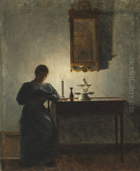 Interior With A Young Woman Reading By The Candlelight Oil Painting by Peter Vilhelm Ilsted