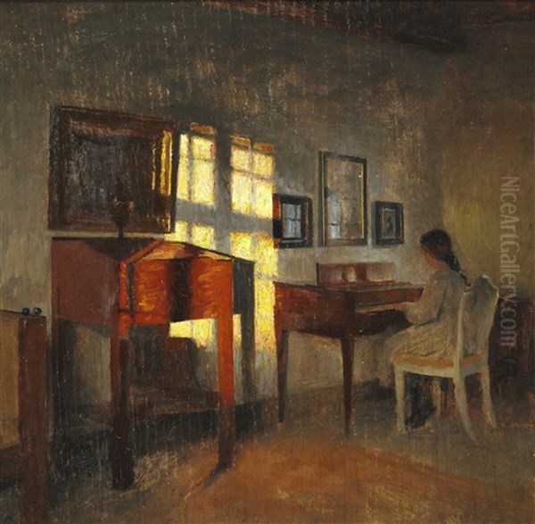 Interior With Sunlight On The Wall And A Girl Playing The Piano Oil Painting by Peter Vilhelm Ilsted