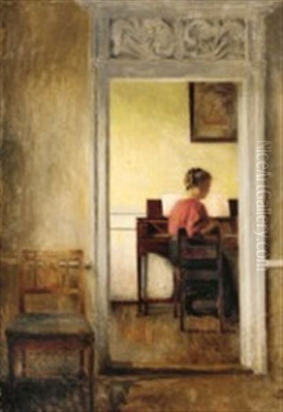 Interior With The Painter's Wife In Red Blouse Sitting At A Spinet Oil Painting by Peter Vilhelm Ilsted