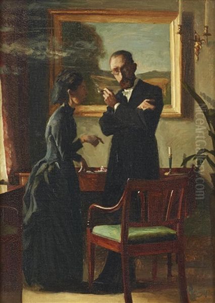 Interior With A Smoking Man And A Woman Oil Painting by Peter Vilhelm Ilsted