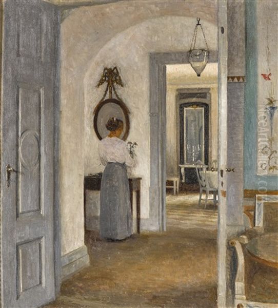 Interior With A Woman Before A Mirror, Liselund Oil Painting by Peter Vilhelm Ilsted