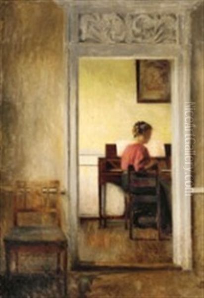 Interior With The Painter's Wife In Red Blouse Sitting At A Spinet Oil Painting by Peter Vilhelm Ilsted