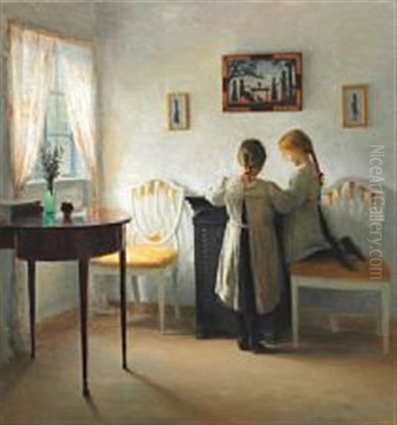 Interior Med To Smaapiger Oil Painting by Peter Vilhelm Ilsted