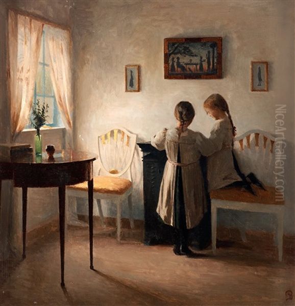 Interior Med Tva Flickor Oil Painting by Peter Vilhelm Ilsted