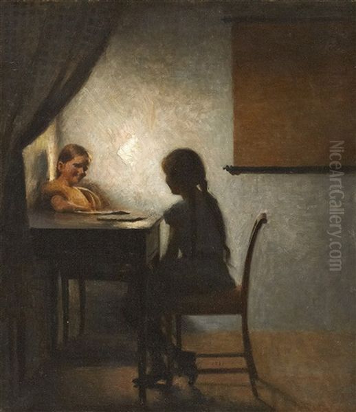 Interior With Two Girls Oil Painting by Peter Vilhelm Ilsted