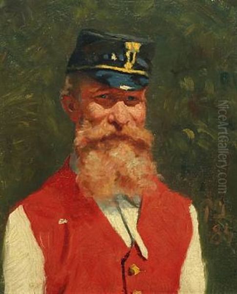 Portrait Of A Gentleman With A Beard, A Military Cap And A Red Vest Oil Painting by Peter Vilhelm Ilsted