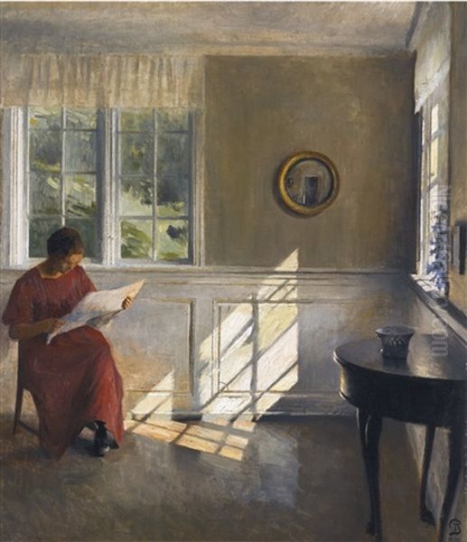 A Sunlit Interior Oil Painting by Peter Vilhelm Ilsted