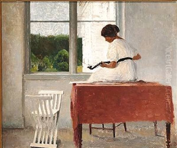 Interior With A Woman In A White Dress Sitting On A Table With A Red Tablecloth Playing The Mandolin Oil Painting by Peter Vilhelm Ilsted