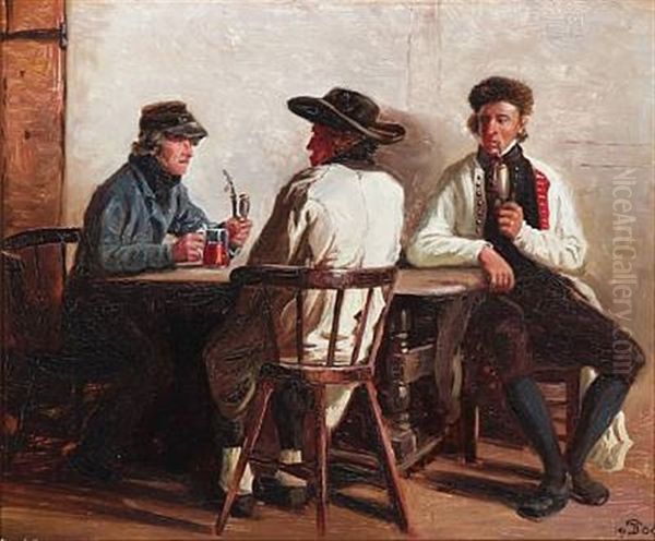 Three Men Sitting Around A Table Oil Painting by Peter Vilhelm Ilsted