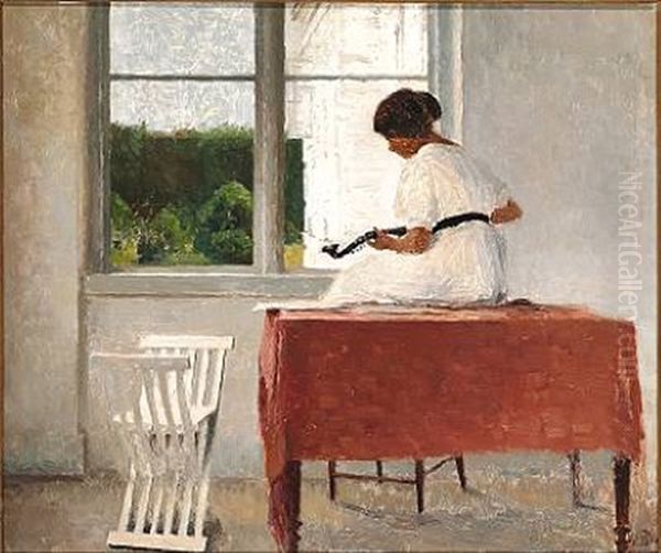 Interior With A Woman In White Sitting On A Table Playing The Mandolin Oil Painting by Peter Vilhelm Ilsted