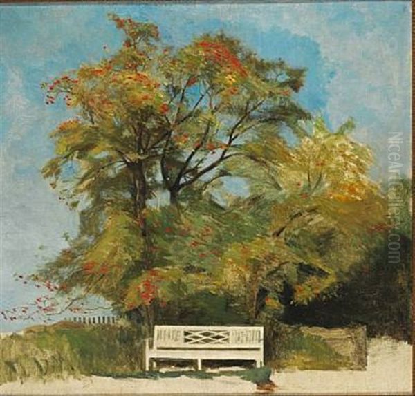 The White Bench Under A Blooming Tree In The Garden Oil Painting by Peter Vilhelm Ilsted