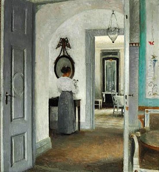 Interior From Liselund Manor With A Young Woman Arranging Flowers In A Vase Oil Painting by Peter Vilhelm Ilsted