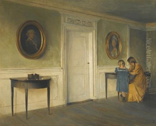 The Artist's Daughters In An Interior Oil Painting by Peter Vilhelm Ilsted