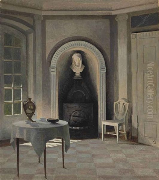 A Sunlit Interior Oil Painting by Peter Vilhelm Ilsted