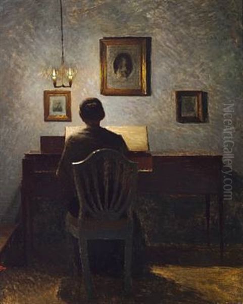 Interior With A Lady At A Spinet, Evening Light Oil Painting by Peter Vilhelm Ilsted