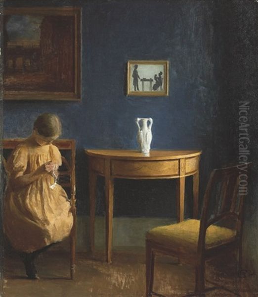 Girl In An Interior Oil Painting by Peter Vilhelm Ilsted