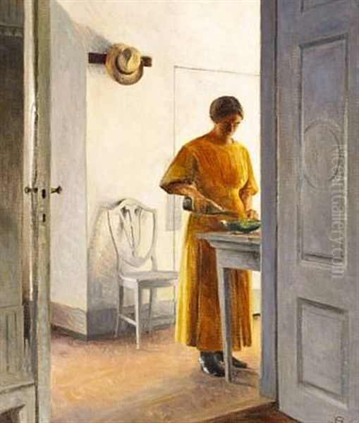 Interior From Liselund. A Young Woman Tossing The Salad Oil Painting by Peter Vilhelm Ilsted