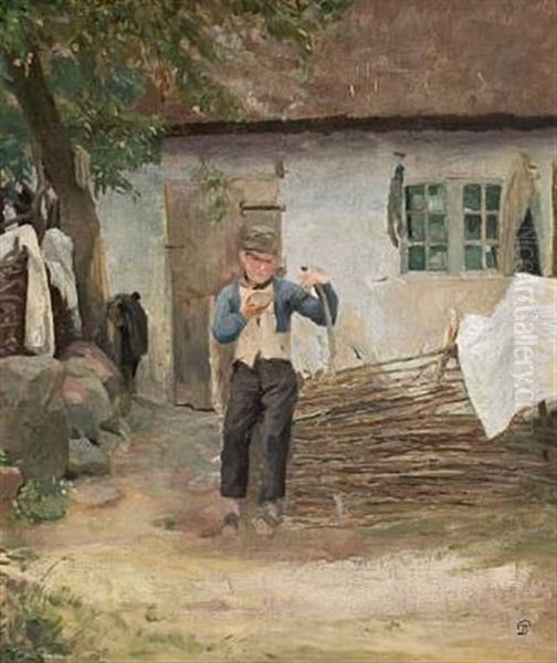 A Farm Exterior With A Boy Reading A Letter Oil Painting by Peter Vilhelm Ilsted