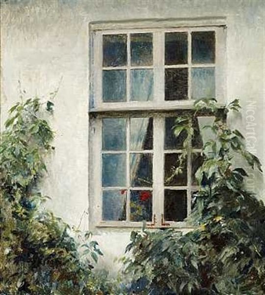 Vinduesparti Med Vildvin Og Rod Pelargonie I Vinduet, Liselund Oil Painting by Peter Vilhelm Ilsted