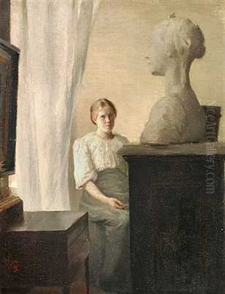 Interior Med Kunstnerens Hustru Ingeborg, Der Tegner Efter En Buste Oil Painting by Peter Vilhelm Ilsted