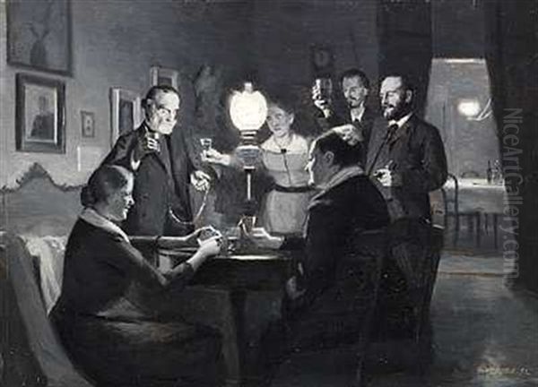 Nytarsaften Hos Kunstnerfamilierne Ilsted Og Hammershoi. Med Haevede Glas Afventer Selskabet, At Klokken Skal Sla Tolv Oil Painting by Peter Vilhelm Ilsted