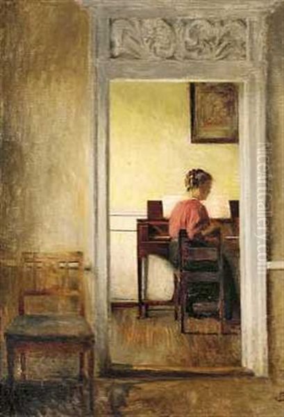 Interior Med Kvinde I Rod Bluse Siddende Ved Et Spinet Oil Painting by Peter Vilhelm Ilsted