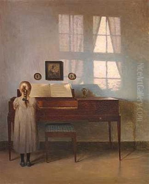 Aftensol. Lille Lysharet Pige Ved Et Spinet I Aftensolen, Pa Vaeggen Skyggerne Fra Et Sprosset Vindue by Peter Vilhelm Ilsted