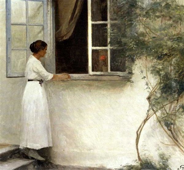 Ung Pige I En Lys Sommerkjole Ved Et Vindue Oil Painting by Peter Vilhelm Ilsted