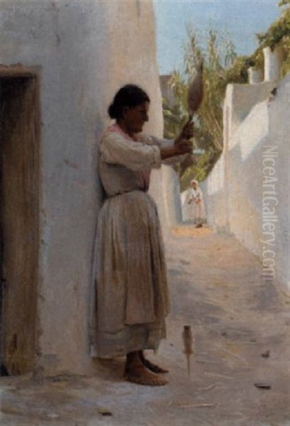 Gadeparti Fra Capri Med Kone, Der Holder En Handten Oil Painting by Peter Vilhelm Ilsted