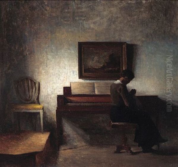 Sying Ved Pianoet Oil Painting by Peter Vilhelm Ilsted