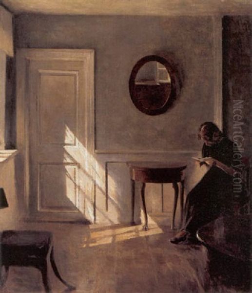 Interior Med Ung Pige, Der Laeser Et Brev Oil Painting by Peter Vilhelm Ilsted