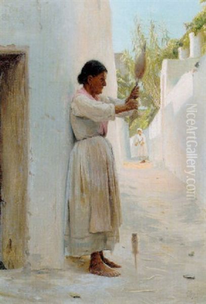 Italiensk Gadeparti Med Kone Holdende En Handten Oil Painting by Peter Vilhelm Ilsted