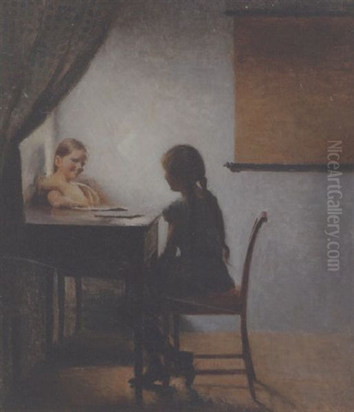 To Smapiger Ved Bordet, Aftenstemning Oil Painting by Peter Vilhelm Ilsted