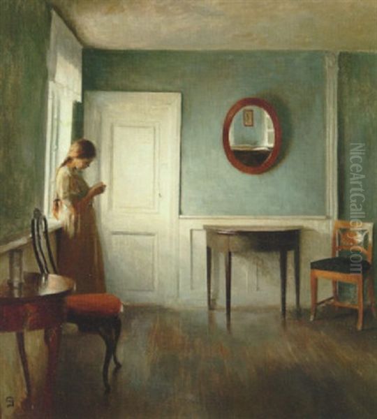 Den Laesende Pige Ved Vinduet Oil Painting by Peter Vilhelm Ilsted