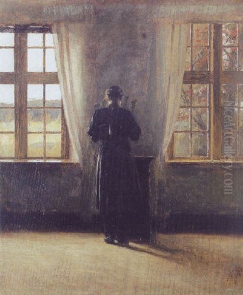 Interior Med Ung Pige Staende Med Ryggen Til Mellem To Vinduer Oil Painting by Peter Vilhelm Ilsted