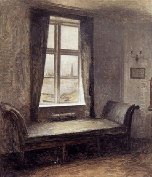 Interior Fra En Stue Med Louis Xvi Baenk Foran Vinduet Og Udsigt Over Byen Oil Painting by Peter Vilhelm Ilsted