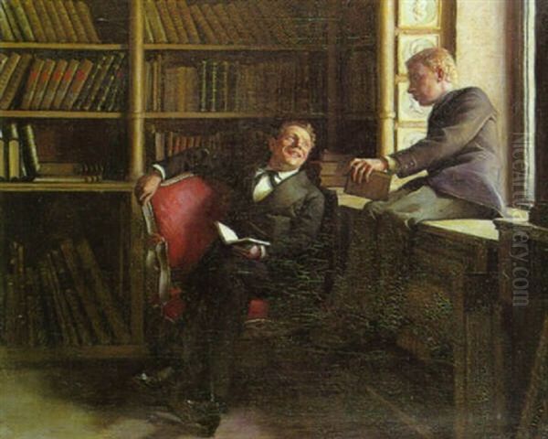 Samtale I Biblioteket Oil Painting by Peter Vilhelm Ilsted