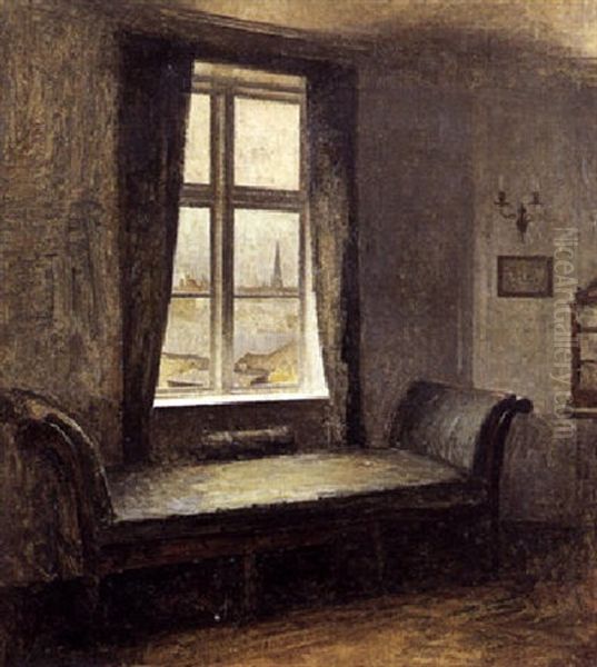 Interior Fra En Stue Med Louis Xvi Baenk Foran Vinduet Og Udsigt Over Byen Oil Painting by Peter Vilhelm Ilsted