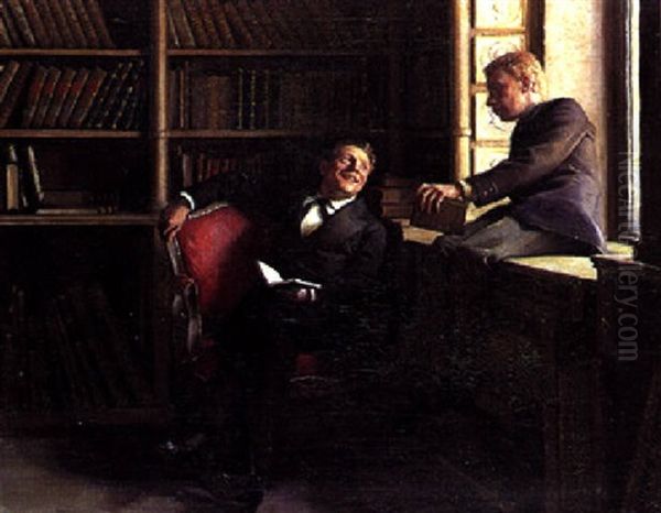 Samtale I Biblioteket Oil Painting by Peter Vilhelm Ilsted