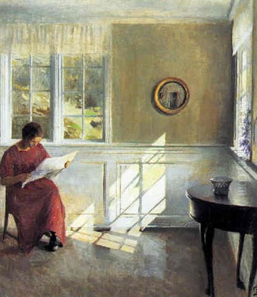 Interior Fra Liselund, Med Laesende Pige Ved Vinduet Oil Painting by Peter Vilhelm Ilsted