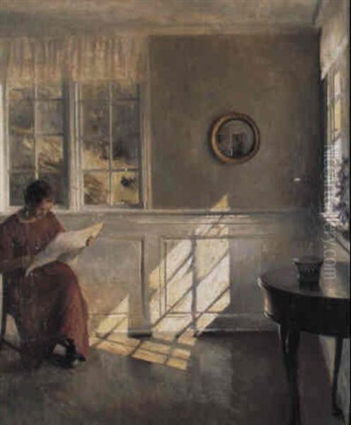 Interior Med L+sende Pige Ved Vinduet Oil Painting by Peter Vilhelm Ilsted