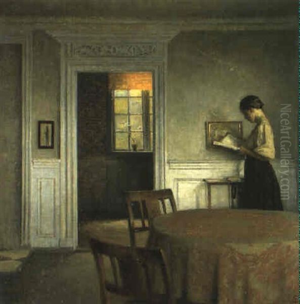 Interieur Med L+sende Kvinde Oil Painting by Peter Vilhelm Ilsted